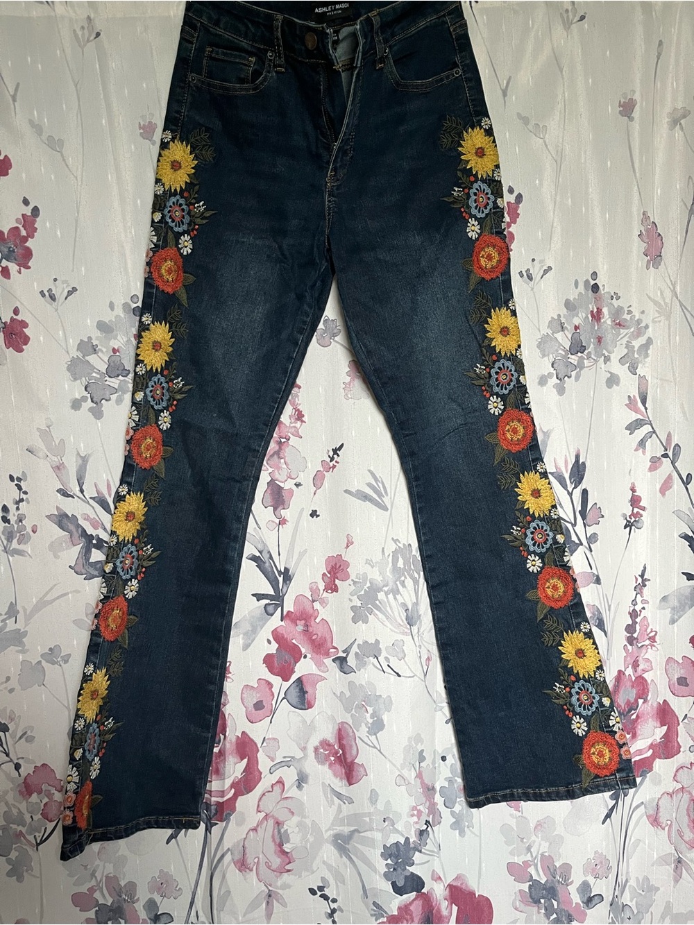 Ashley Mason Dark Blue Flare Jeans with Floral Side Embroidery
